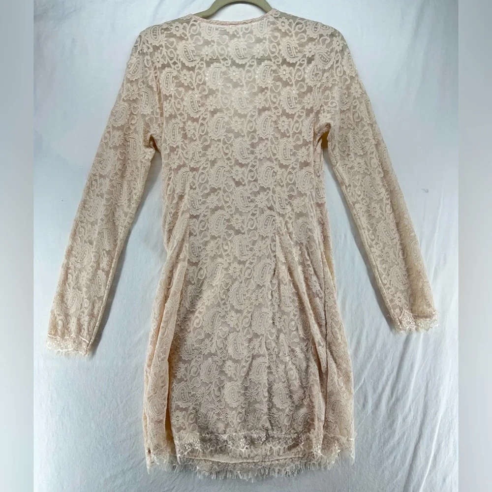 FREE PEOPLE Mini Dress Lace Cream Faux Wrap Lined V Neck Sheer Back Sleeves‎ M